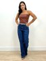 Calça Wide Leg Jeans Com Recorte Frontal E Cinto 