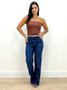 Calça Wide Leg Jeans Com Recorte Frontal E Cinto 