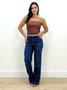 Calça Wide Leg Jeans Com Recorte Frontal E Cinto 