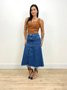 Saia Jeans 100%  Midi Com Rescortes E Barra Desfiada 