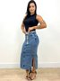 Saia Midi Jeans Marmorizado Com Fenda E Cinto  