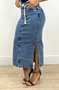 Saia Midi Jeans Marmorizado Com Fenda E Cinto  
