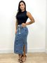 Saia Midi Jeans Marmorizado Com Fenda E Cinto  