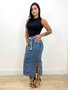 Saia Midi Jeans Marmorizado Com Fenda E Cinto  